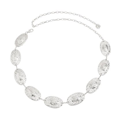 Silvertone Hammered Oval Station Waist Chain, everyday style, front view