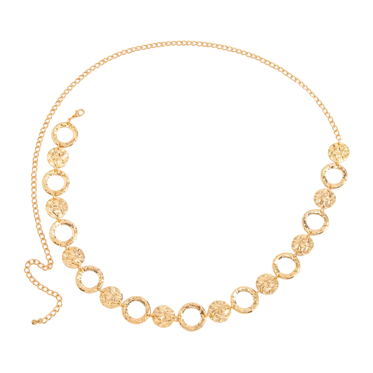 Goldtone Hammered and Textured Circular Charm Waist Chain, elegant gift for her, front view