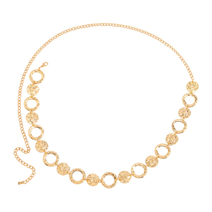 Goldtone Hammered and Textured Circular Charm Waist Chain, elegant gift for her, front view
