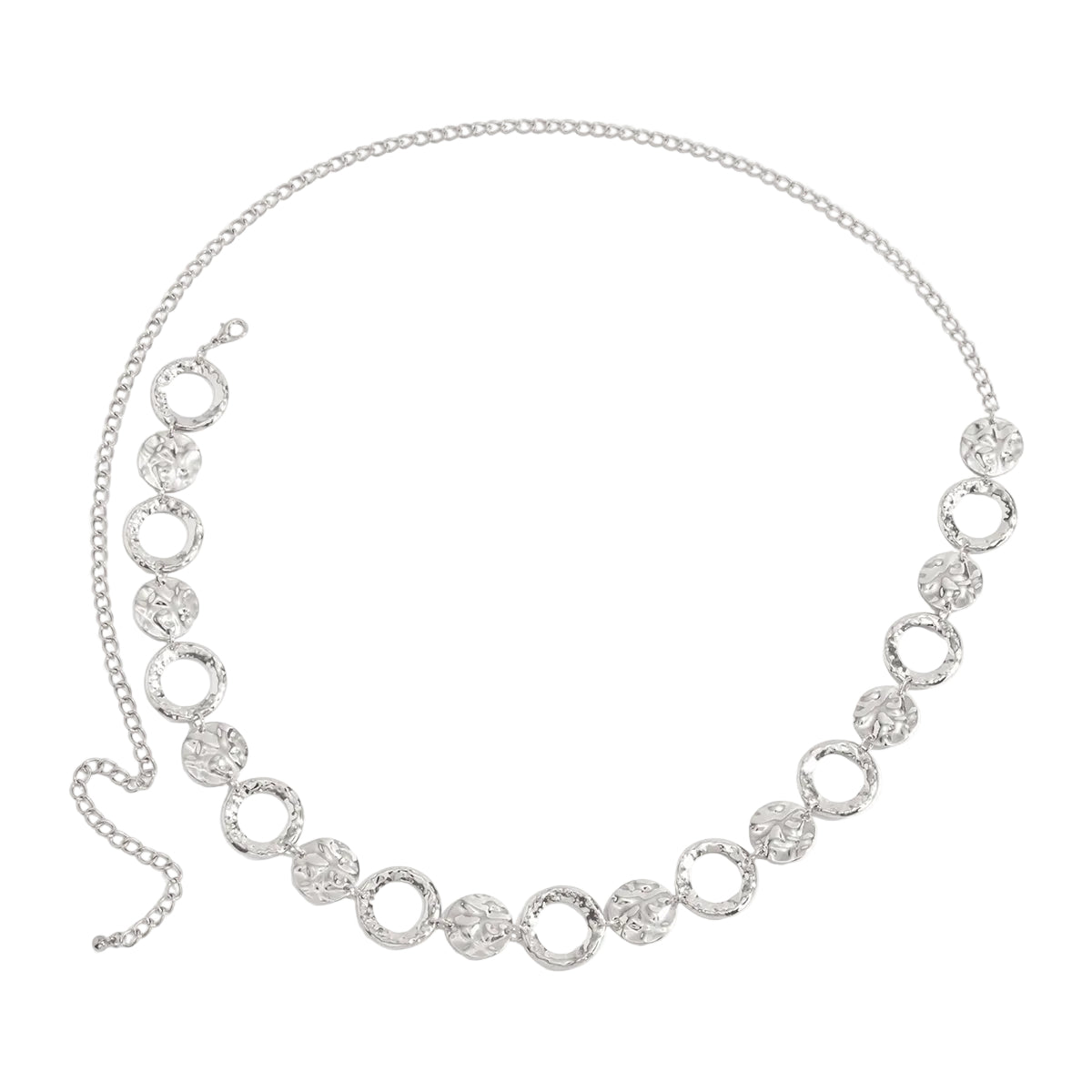 Silvertone Hammered and Textured Circular Charm Waist Chain, everyday style, front view