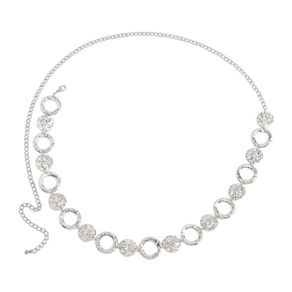 Silvertone Hammered and Textured Circular Charm Waist Chain, everyday style, front view