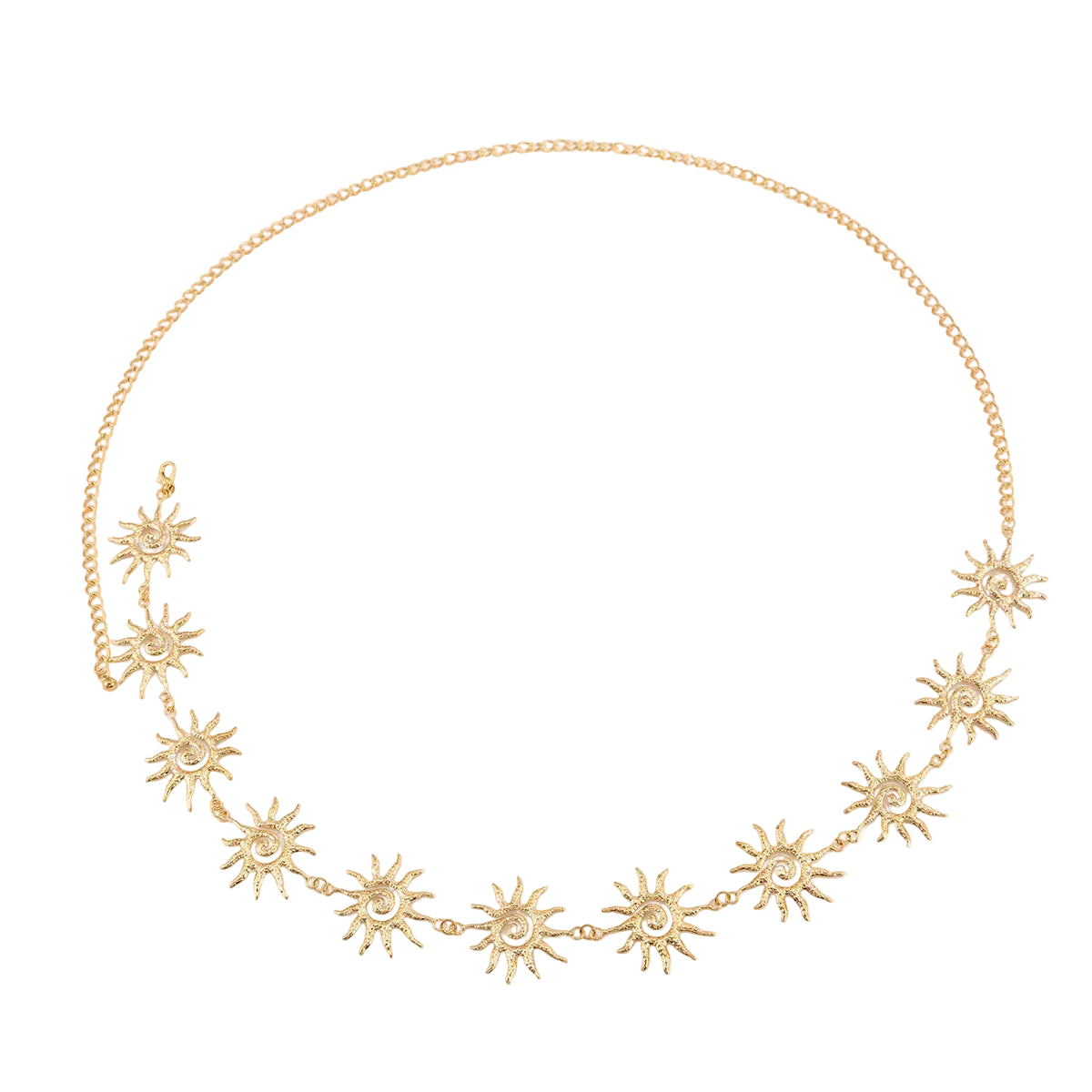 Goldtone Swirl Sun Charm Waist Chain, elegant gift for her, front view