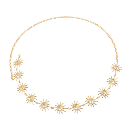 Goldtone Swirl Sun Charm Waist Chain, elegant gift for her, front view