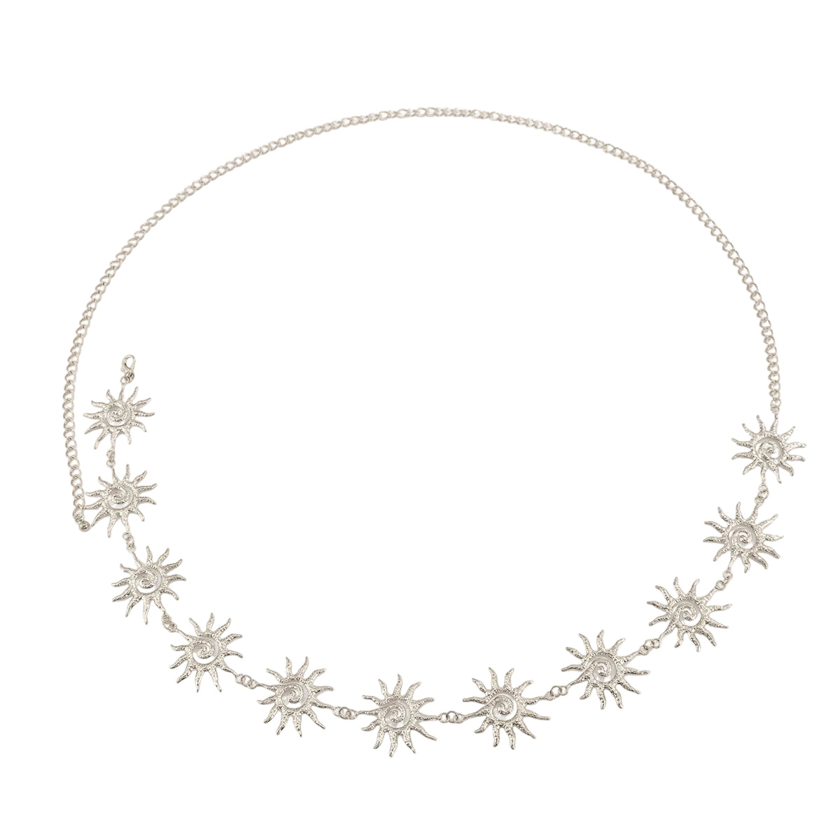 Silvertone Swirl Sun Charm Waist Chain, elegant gift for her, front view
