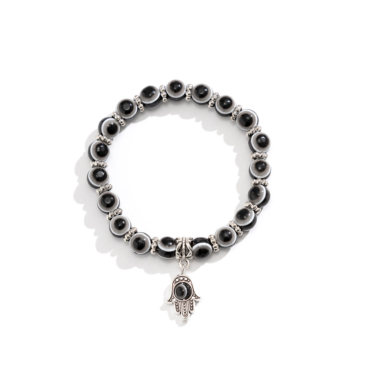Black Acrylic and Silver-Plated Evil Eye Hamsa Charm Bracelet, silver bracelet for women, styled look