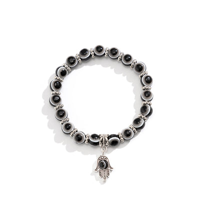Black Acrylic and Silver-Plated Evil Eye Hamsa Charm Bracelet, silver bracelet for women, styled look