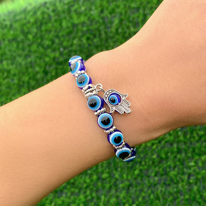 Navy Acrylic and Silver-Plated Evil Eye Hamsa Charm Bracelet, silver bracelet for women, elegant gift for her, front view