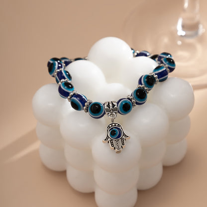 Navy Acrylic and Silver-Plated Evil Eye Hamsa Charm Bracelet, silver bracelet for women, elegant gift for her, side view