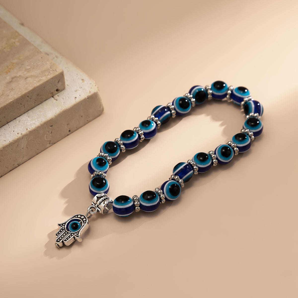 Navy Acrylic and Silver-Plated Evil Eye Hamsa Charm Bracelet, silver bracelet for women, detail close-up