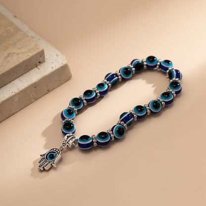 Navy Acrylic and Silver-Plated Evil Eye Hamsa Charm Bracelet, silver bracelet for women, detail close-up