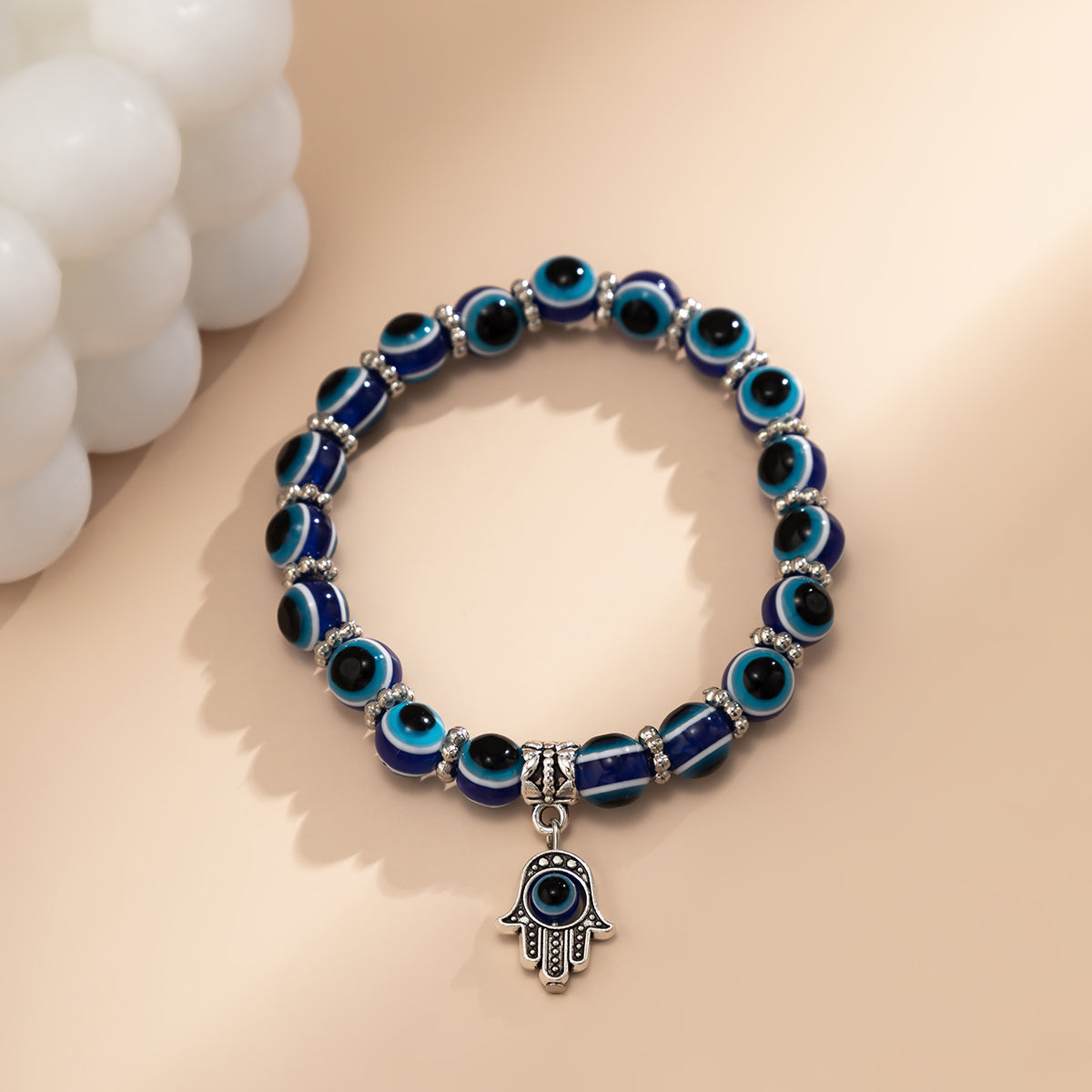 Navy Acrylic and Silver-Plated Evil Eye Hamsa Charm Bracelet, silver bracelet for women, elegant gift for her, lifestyle look