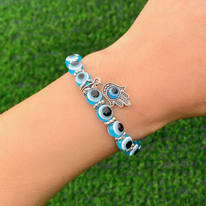 Sea Blue Acrylic and Silver-Plated Evil Eye Hamsa Charm Bracelet, silver bracelet for women, everyday style, front view