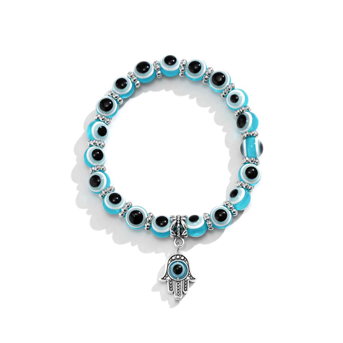 Sea Blue Acrylic and Silver-Plated Evil Eye Hamsa Charm Bracelet, silver bracelet for women, everyday style, styled look