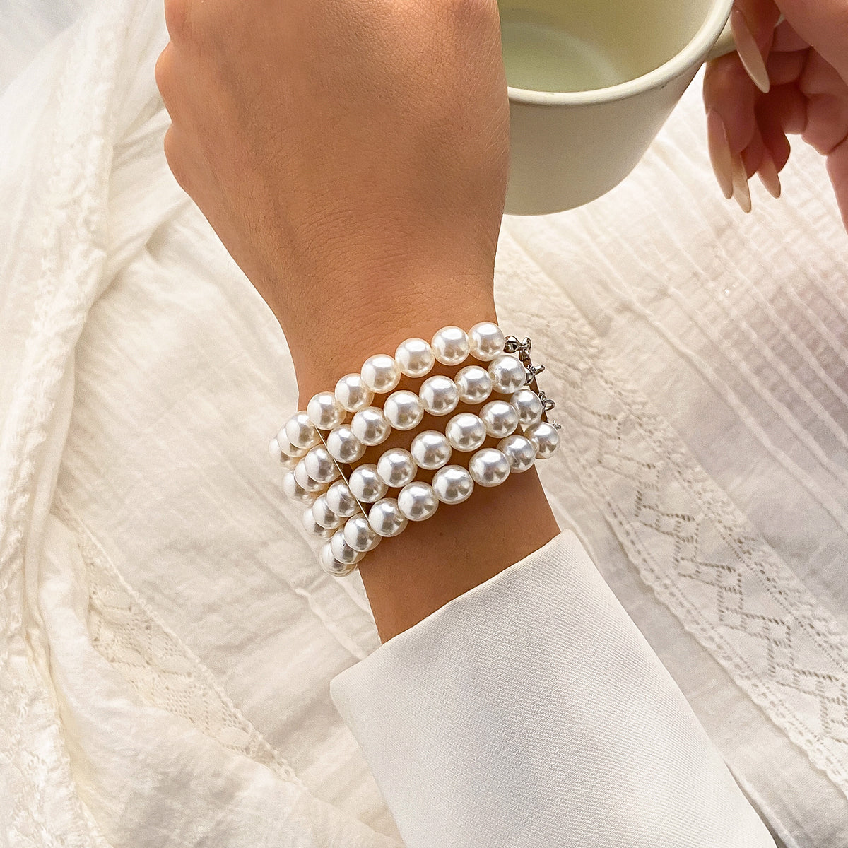Pearl and Silver-Plated Layered Bracelet, silver bracelet for women, elegant gift for her, side view