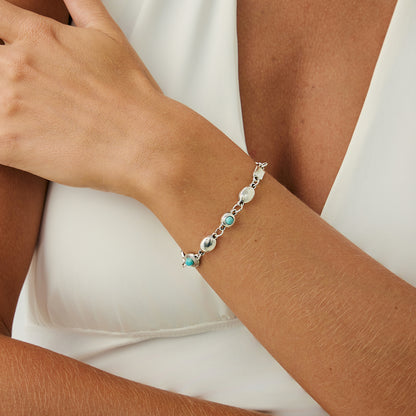 Turqouise and Silvertone Oval Round Station Bracelet, silver bracelet for women, everyday style, detail close-up