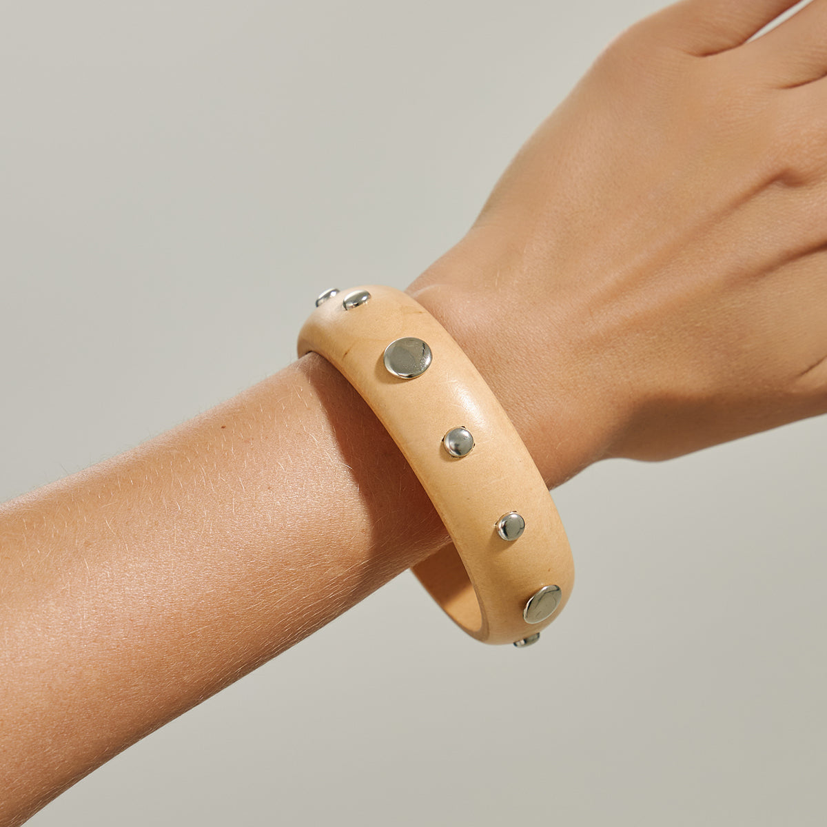 Yellow Wood and Silvertone Spot Station Bangle, silver bangle bracelet, everyday style, styled look
