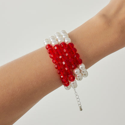 Red Acrylic and Pearl Silvertone Layered Bracelet, silver bracelet for women, vintage-inspired design, styled look