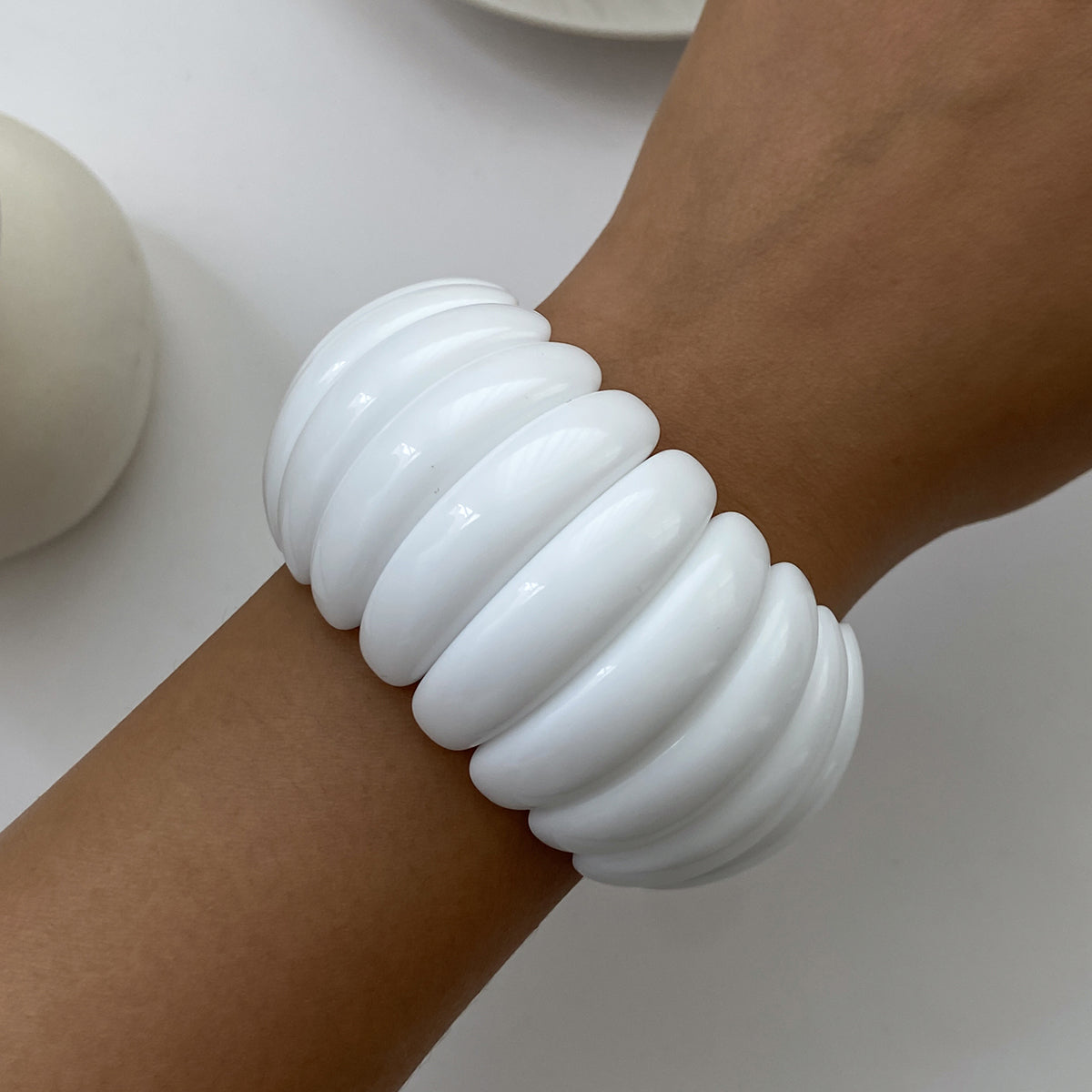 White Resin Tire Stretch Bracelet, botanical inspired, lifestyle look