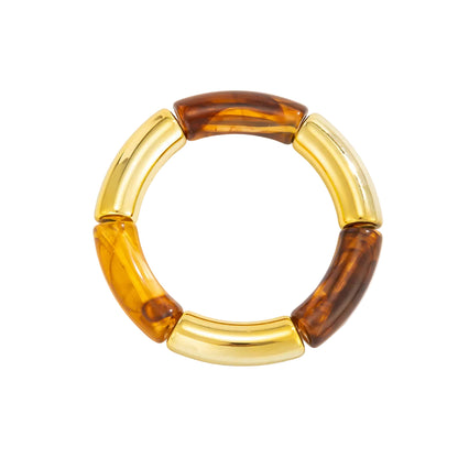 Amber Resin and Goldtone Joint Stretch Bracelet, dainty minimalist design, front view