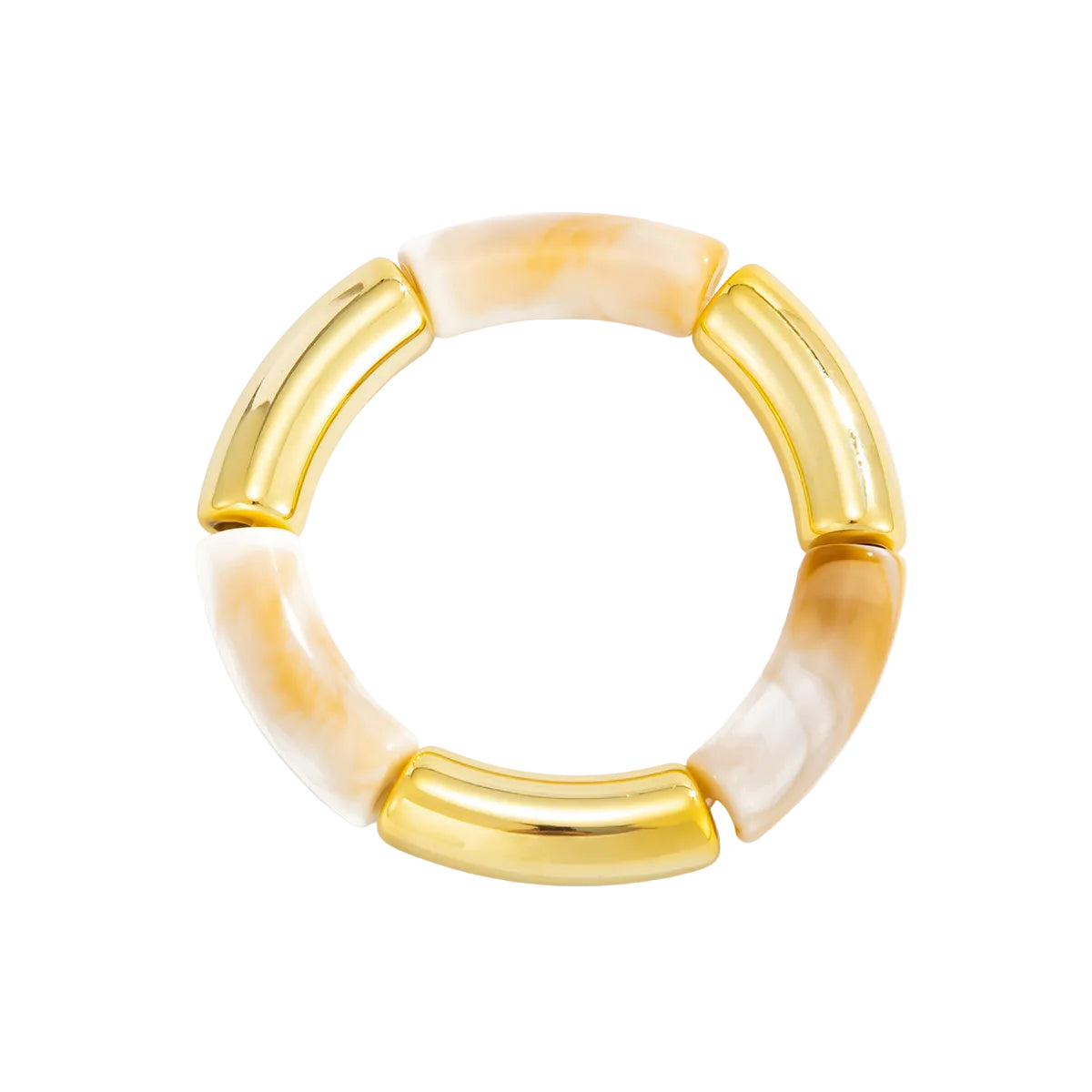 Beige Resin and Goldtone Joint Stretch Bracelet, vintage-inspired design, front view