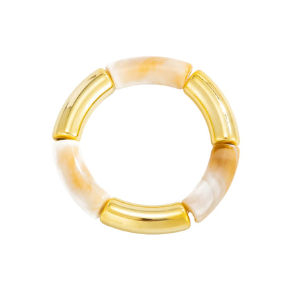 Beige Resin and Goldtone Joint Stretch Bracelet, vintage-inspired design, front view