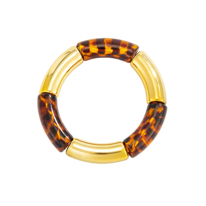 Amber Resin and Goldtone Leopard Print Joint Stretch Bracelet, elegant gift for her, front view
