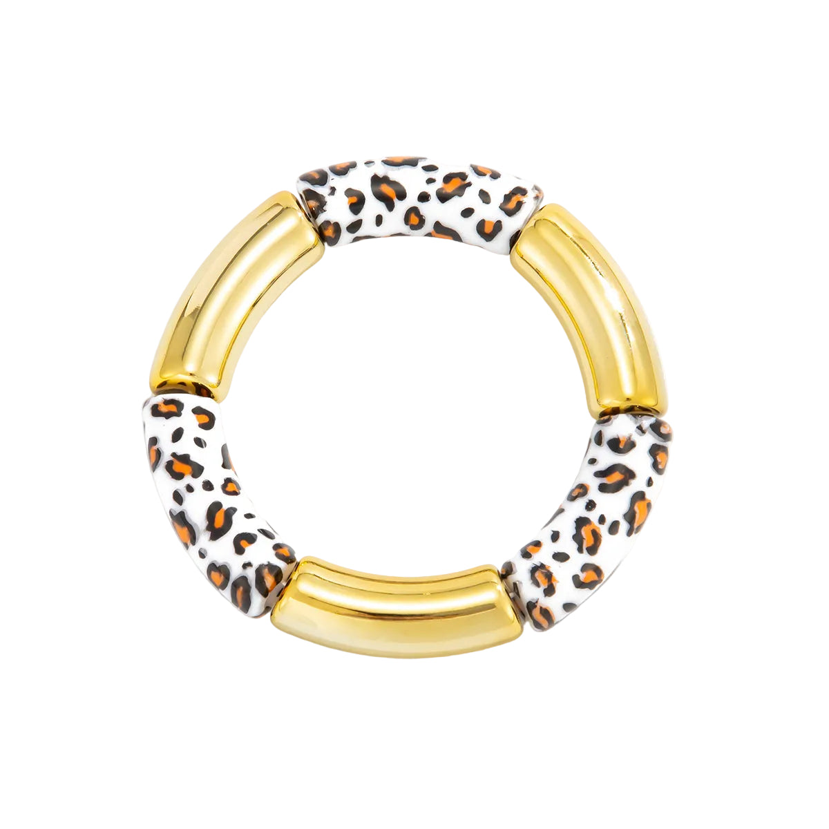 White Resin and Goldtone Cow Print Joint Stretch Bracelet, botanical inspired, front view