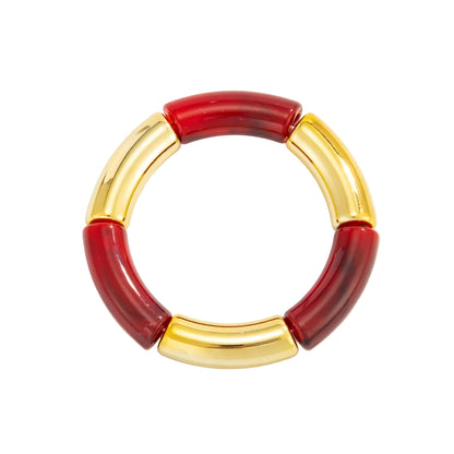 Wine Red Resin and Goldtone Joint Stretch Bracelet, elegant gift for her, front view