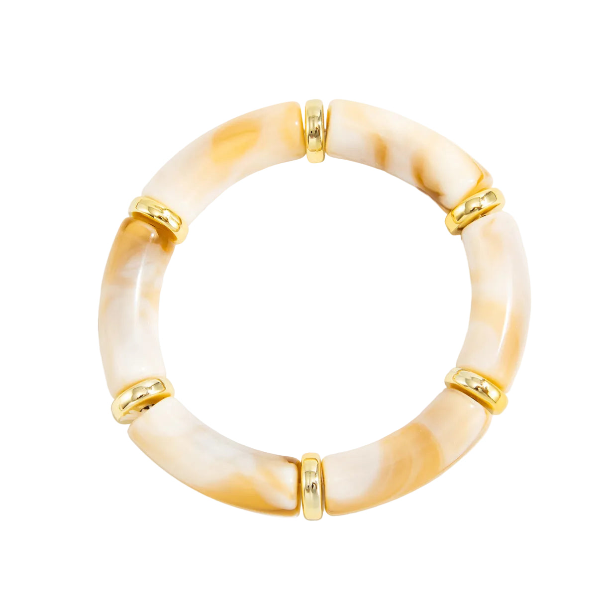 Beige Resin and Goldtone Sequin Joint Stretch Bracelet, vintage-inspired design, front view