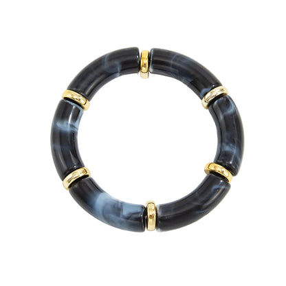 Black Resin and Goldtone Sequin Joint Stretch Bracelet, botanical inspired, front view