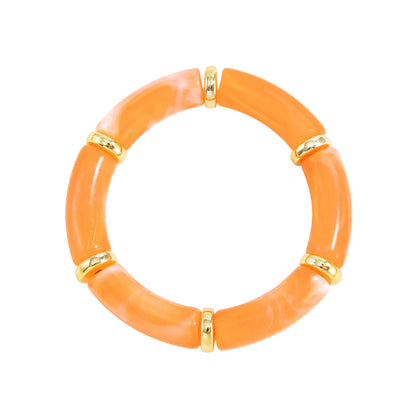 Orange Resin and Goldtone Sequin Joint Stretch Bracelet, dainty minimalist design, front view