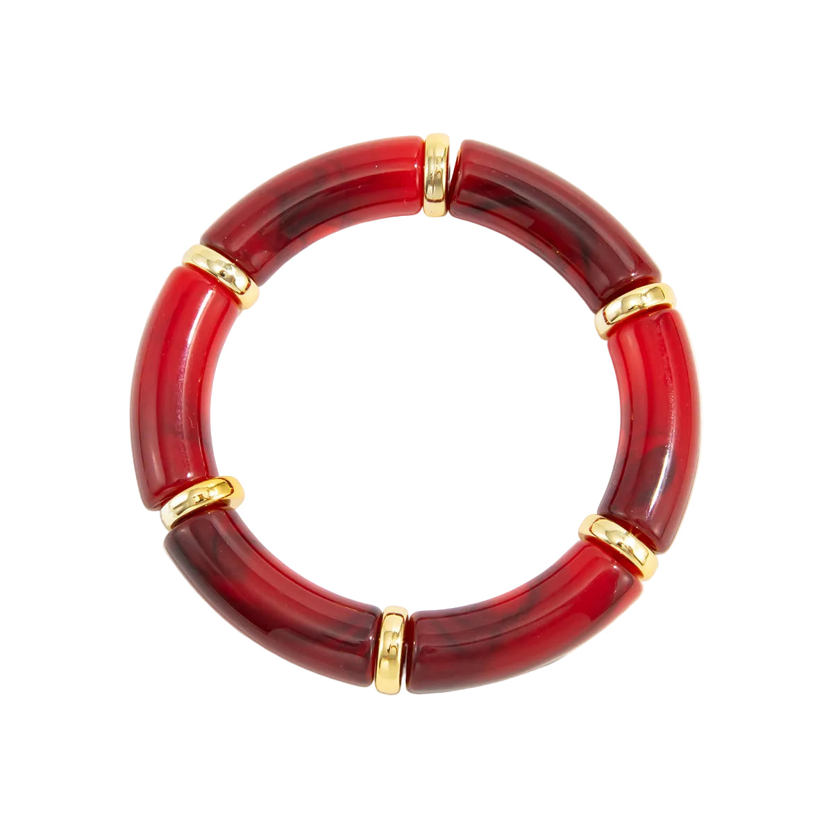 Wine Red Resin and Goldtone Sequin Joint Stretch Bracelet, vintage-inspired design, front view