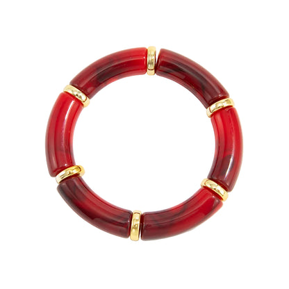 Wine Red Resin and Goldtone Sequin Joint Stretch Bracelet, vintage-inspired design, front view