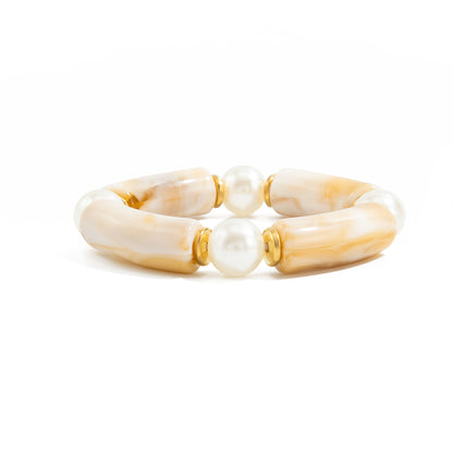 Beige Resin and Pearl Goldtone Sequin Joint Stretch Bracelet, everyday style, front view