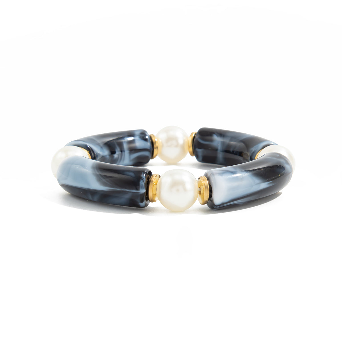 Black Resin and Pearl Goldtone Sequin Joint Stretch Bracelet, elegant gift for her, front view