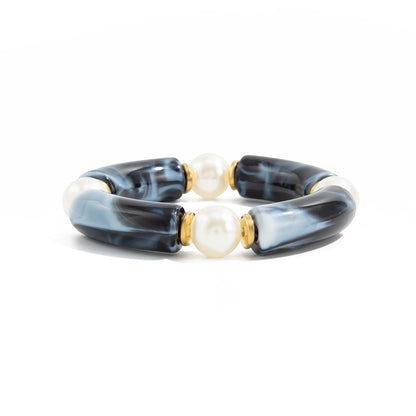 Black Resin and Pearl Goldtone Sequin Joint Stretch Bracelet, elegant gift for her, front view