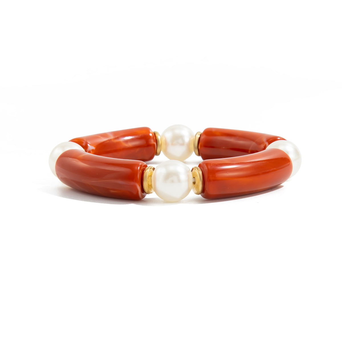 Red Resin and Pearl Goldtone Sequin Joint Stretch Bracelet, everyday style, front view
