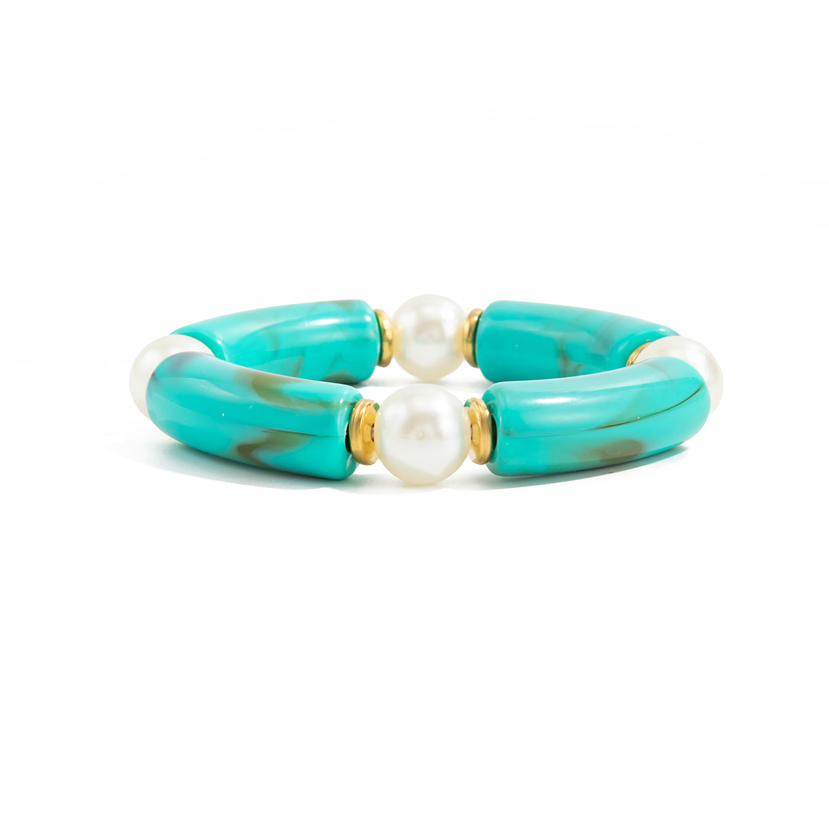 Teal Resin and Pearl Goldtone Sequin Joint Stretch Bracelet, everyday style, front view