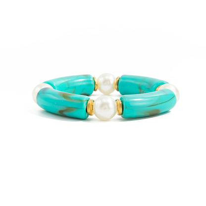 Teal Resin and Pearl Goldtone Sequin Joint Stretch Bracelet, everyday style, front view