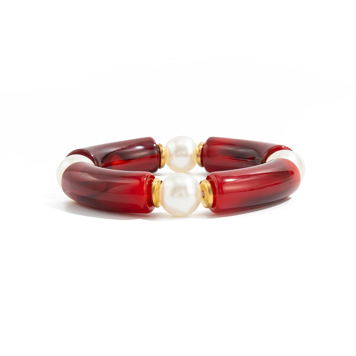 Wine Red Resin and Pearl Goldtone Sequin Joint Stretch Bracelet, dainty minimalist design, front view