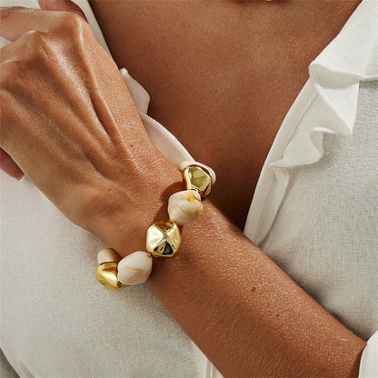 Beige Resin and Goldtone Irregular Beads Station Stretch Bracelet, dainty minimalist design, styled look