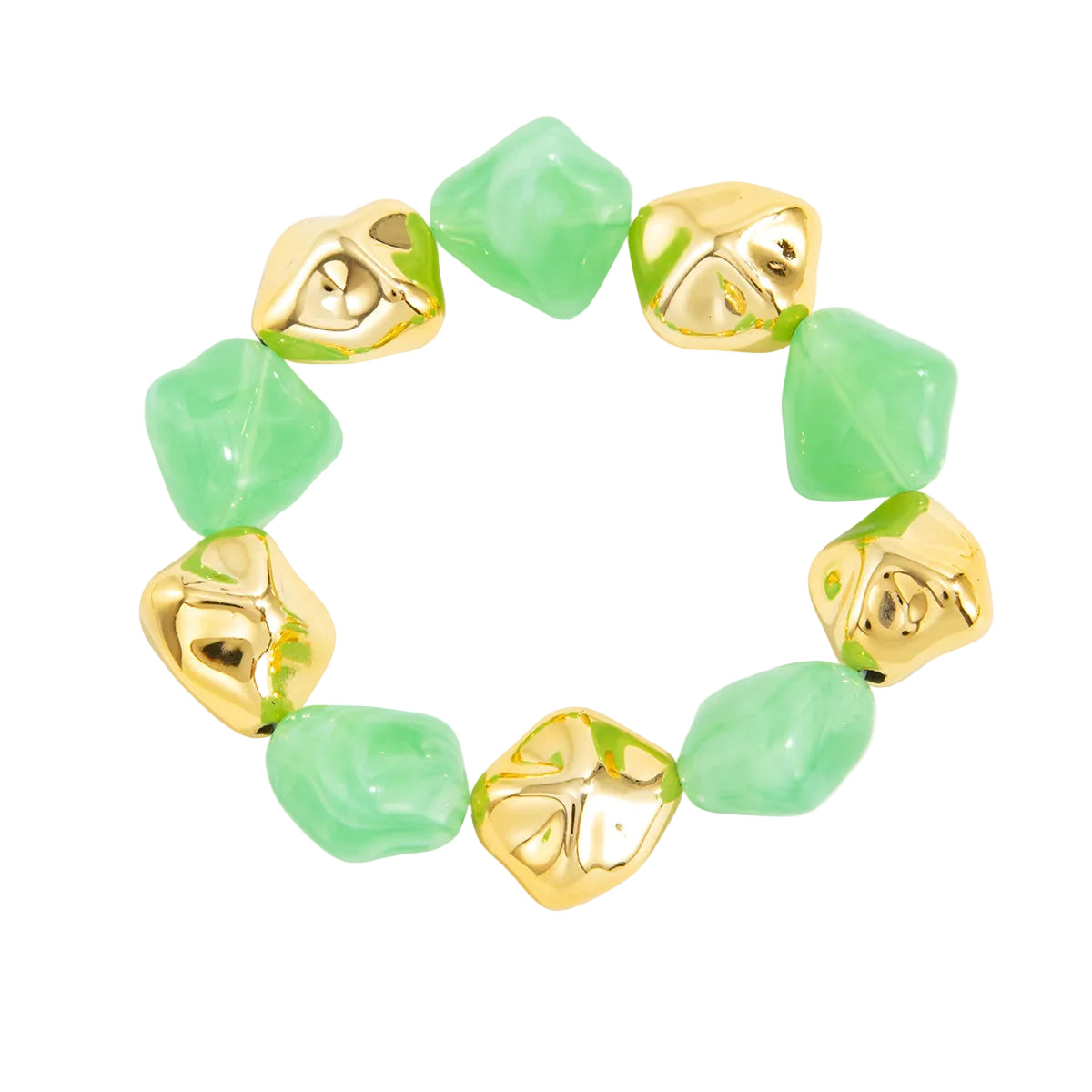 Green Resin and Goldtone Irregular Beads Station Stretch Bracelet, vintage-inspired design, front view