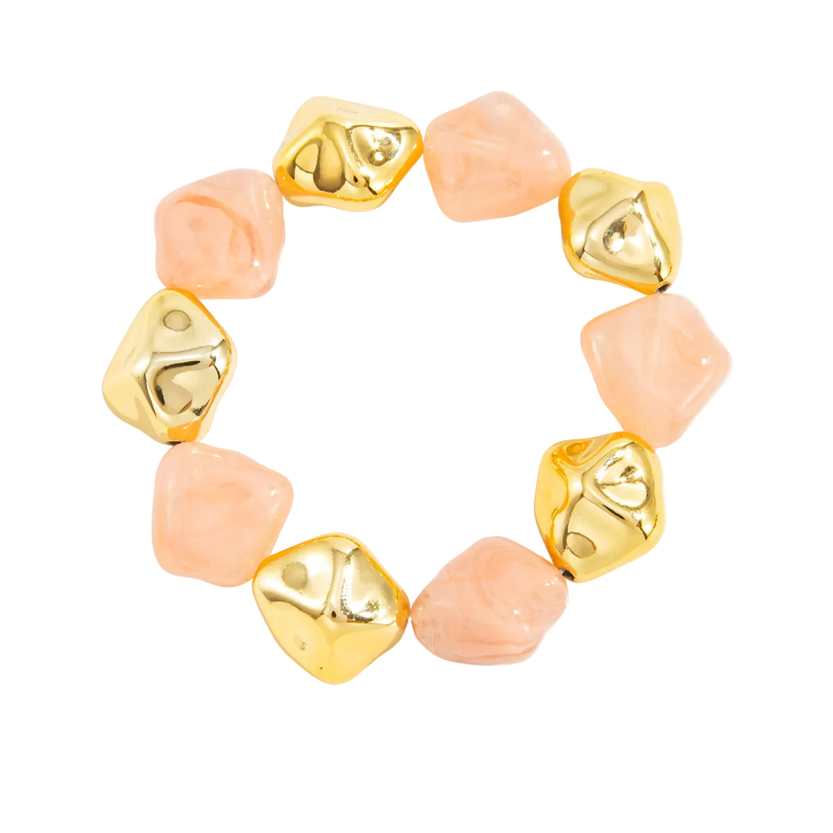 Pink Resin and Goldtone Irregular Beads Station Stretch Bracelet, everyday style, front view