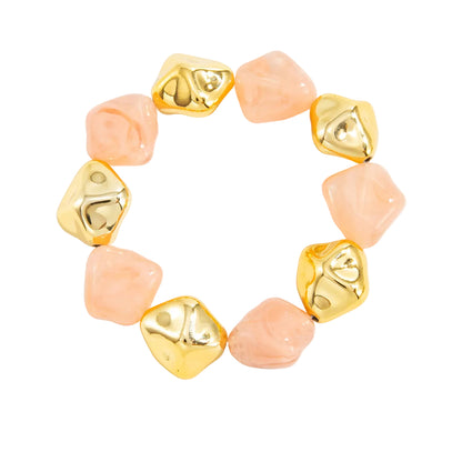 Pink Resin and Goldtone Irregular Beads Station Stretch Bracelet, everyday style, front view