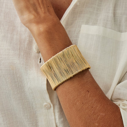 Goldtone Wire Drawing Layered Cuff, gold bracelet for women, vintage-inspired design, lifestyle look