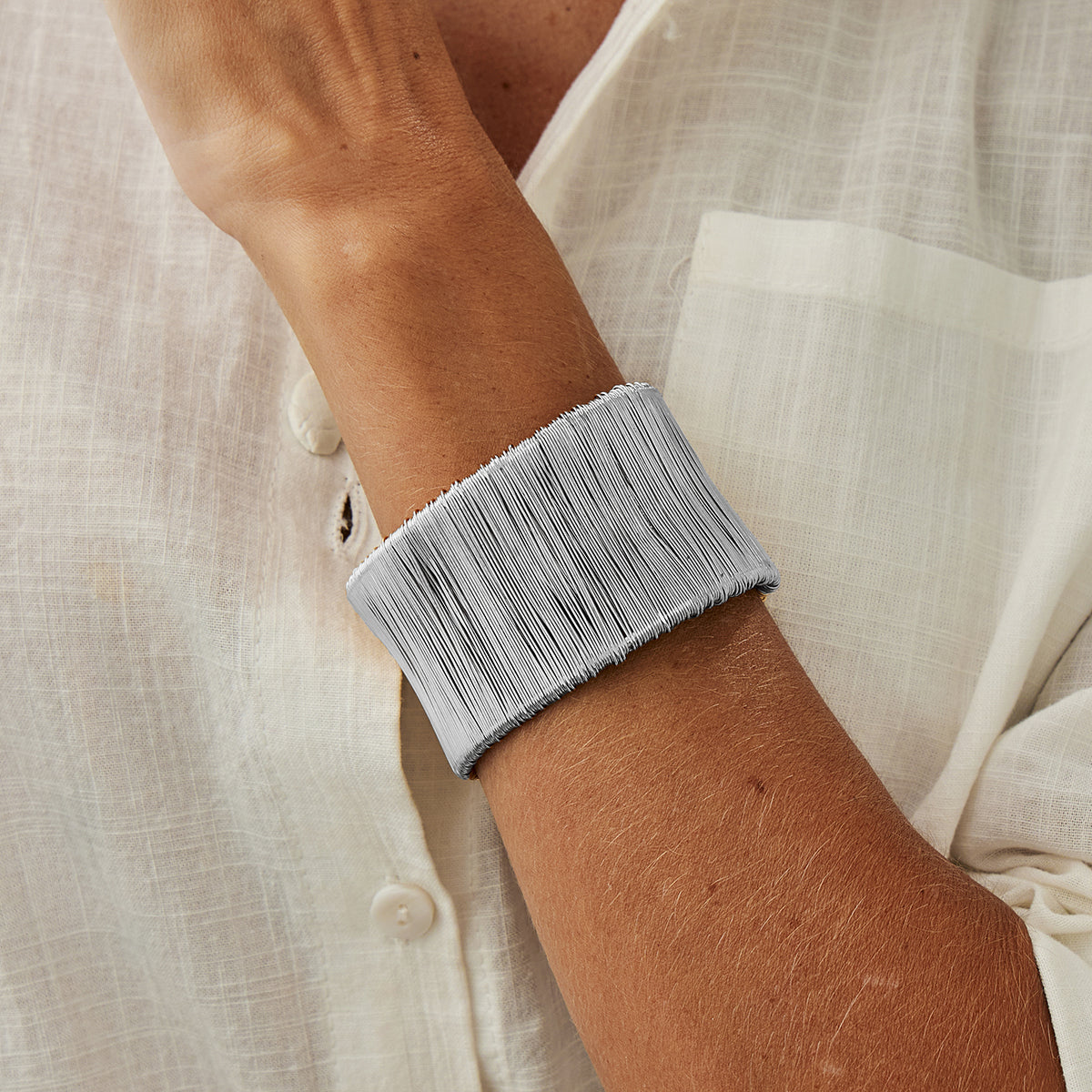 Silvertone Wire Drawing Layered Cuff, silver bracelet for women, vintage-inspired design, lifestyle look