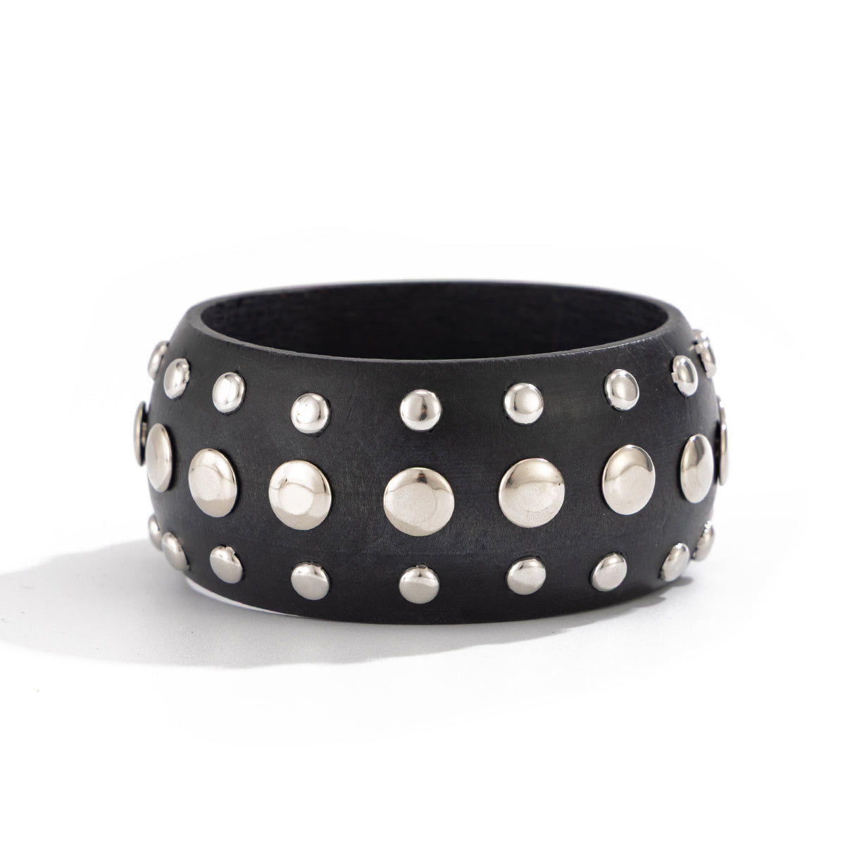 Black Wood and Silvertone Spot Layered Bangle, silver bangle bracelet, elegant gift for her, front view