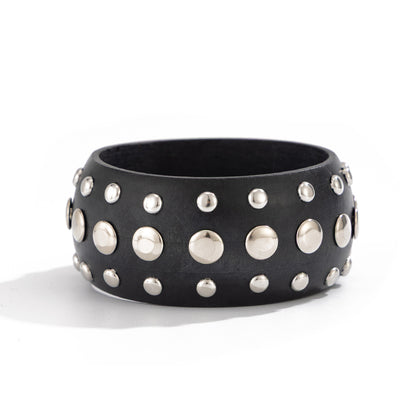 Black Wood and Silvertone Spot Layered Bangle, silver bangle bracelet, elegant gift for her, front view