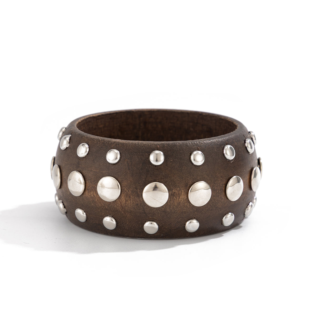 Brown Wood and Silvertone Spot Layered Bangle, silver bangle bracelet, elegant gift for her, front view