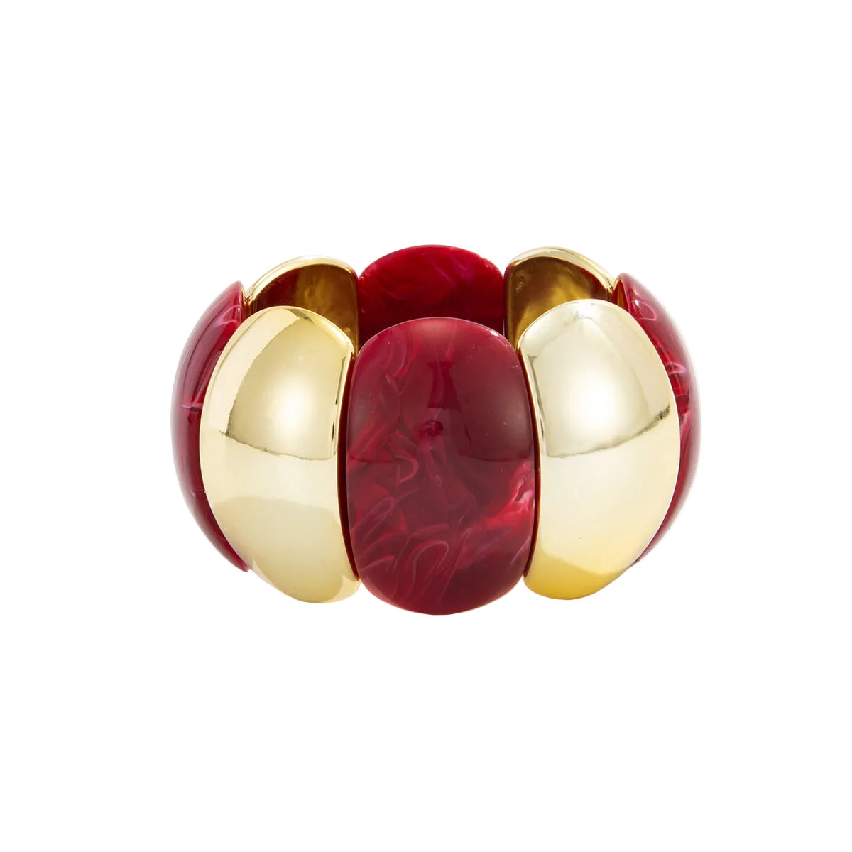 Dark Red Resin and Goldtone Petals Stretch Bracelet, dainty minimalist design, front view